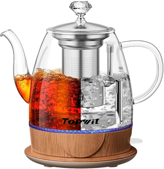 Topwit Electric Kettle Glass, For Hot Water, Tea and Coffee Dual Purpose Design, BPA-Free, 1L Pour Over Removable Stainless Steel Infuser, Auto-shut Off & Boil-dry Protect