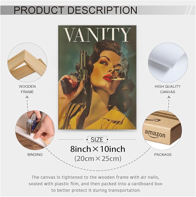 Woman Smoking A Cigarette Wall Art Trendy Eclectic Feminist Poster 08x10 inch Framed Vintage Woman With A Gun Canvas Prints Badass Bestie Wall Decor for Girl Dorm Apartment