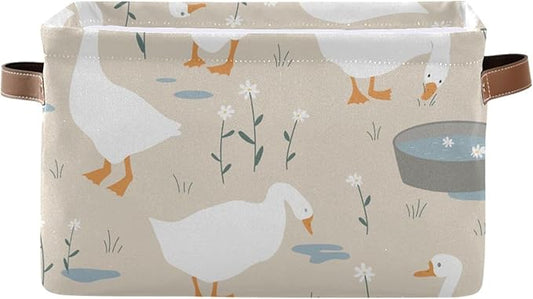 Aslsiy Storage Basket Cute Goose Nursery Bins Doodle Flowers Baby Box Canvas Clothes Shelf Basket Laundry Hamper Gift Baskets for Home Closet 1 Pcs