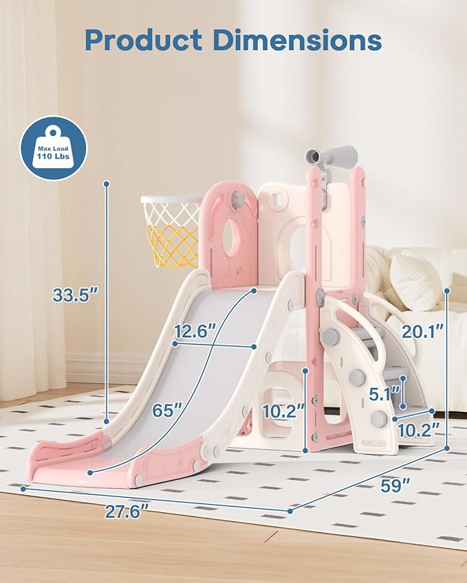Babytronic Toddler Slide, 6 in 1 Kids Indoor Slide for Toddlers 1-3, Baby Indoor and Outdoor Climber Playset, Kids Slide with Basketball Hoop and Telescope, Toddler Outdoor Playground (Pink)