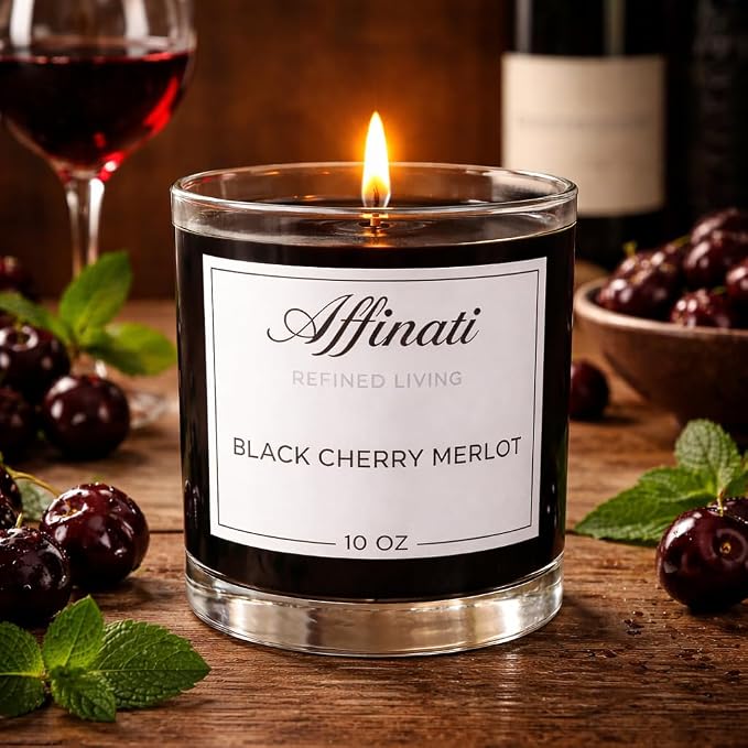 Black Cherry Merlot Affinati 10 oz Scented Candle for Home – Long Lasting Fruity Soy Blend Candle with Wooden Wick, Strong Scent Throw Glass Jar Candles, Premium Clean Burning Aromatherapy Gifts