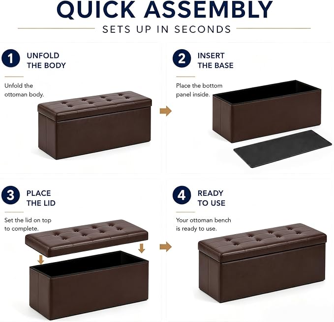 ALASDO 43 Inch Folding Storage Ottoman Bench with Hidden Storage, PU Leather Ottoman Foot Rest Stool, End of Bed Bench for Bedroom, Living Room, Entryway and Closet, Brown