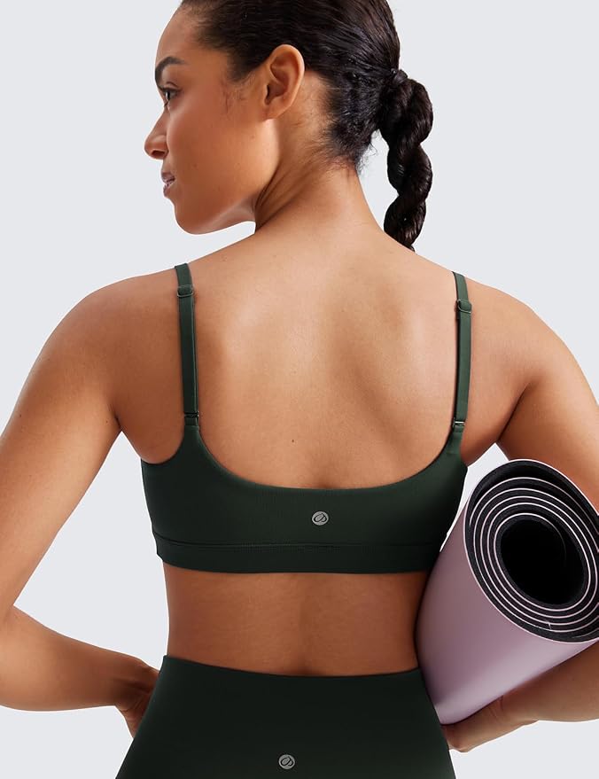 CRZ YOGA Butterluxe Adjustable Spaghetti Strap Sports Bras for Women - Scoop Neck Wireless Padded Yoga Workout Crop Top