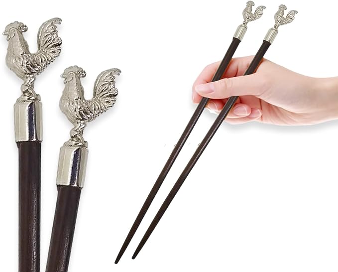 Wooden Chopsticks 9⅞" Long Coconut Palm Wood Chopstick Metal Chicken Top Eating Utensils Oriental Cutlery Asian Tableware Decorative Dinnerware to Serve Chinese Japanese Korean Food