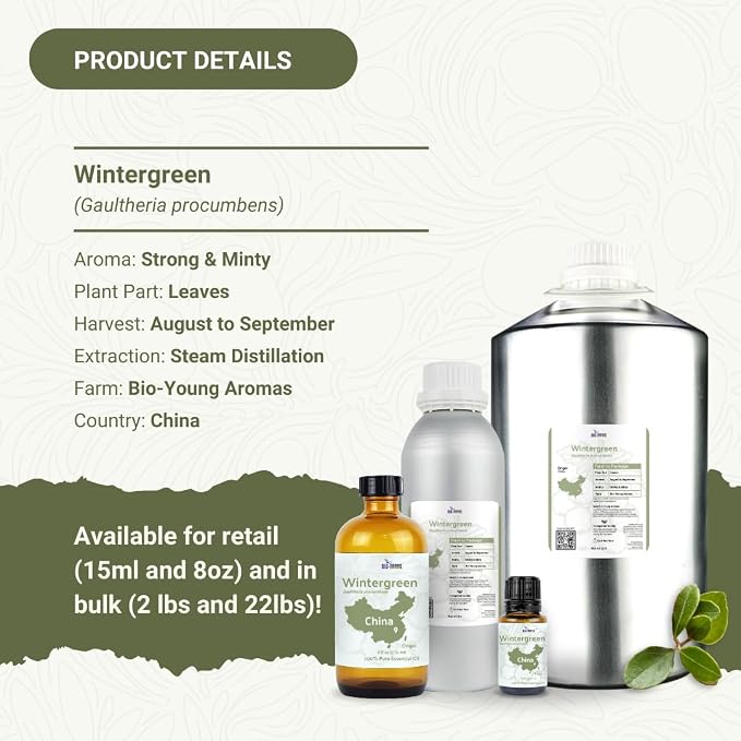 Wintergreen Essential Oil - Direct from Bio-Young Aromas China - Steam Distilled - Aceite de Gaulteria for Aromatherapy, Massage, Diffuser, DIY Candle and Soap Making - 22lbs