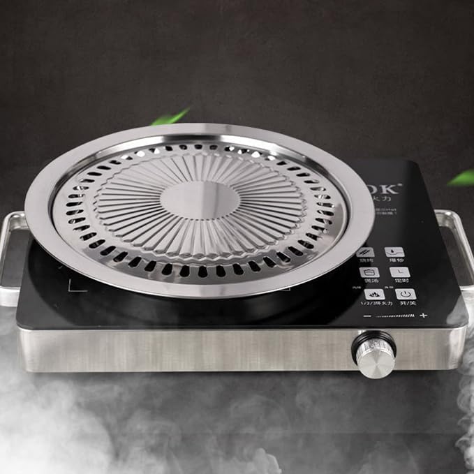 Saim Korean BBQ Grill Pan,Stainless Steel Non-Stick Roasting Smokeless Barbecue Grill Pan,Round Korean Style Stovetop for Indoor Outdoor Camping BBQ