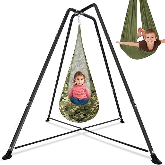Sensory Swing Stand Frame with Pod Chair and Swings Set Kid Heavy Duty Metal Swing Stands Autism Hammock Chair Stand Tree Saucer Round for Kid Adult Indoor Outdoor Backyard Park(Camo Color)