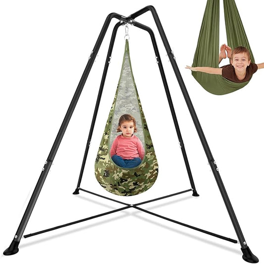 Sensory Swing Stand Frame with Pod Chair and Swings Set Kid Heavy Duty Metal Swing Stands Autism Hammock Chair Stand Tree Saucer Round for Kid Adult Indoor Outdoor Backyard Park(Camo Color)