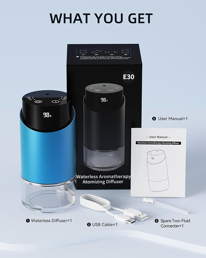 Waterless Essential Oil Diffuser for Home Rechargeable Aluminum Alloy Scent Diffusers with 4 Timer Settings, 3 Mist Levels with Vehicle Mode for Car Room Studio Office, Black Metal,100ml (Blue)