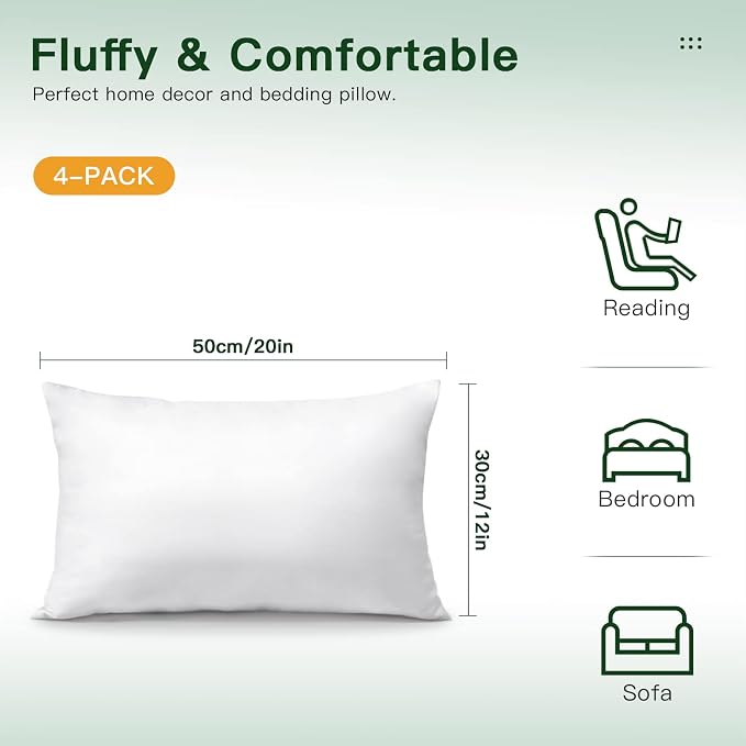 OTOSTAR Pack of 4 Throw Pillow Inserts, 12 x 20 Rectangle Cushion Inner Soft Fluffy Plump Stuffer Cushion Pads White Decorative Pillow Inserts