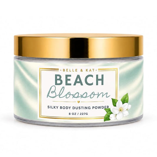 Body Powder for Women & Men Scented Beach Blossoms & Coconut Water, Perfume Dusting Powder, Bath Powder with Fragrance & Essential Oils, Talc-Free 8oz Container with Lid and Puff, Made in USA