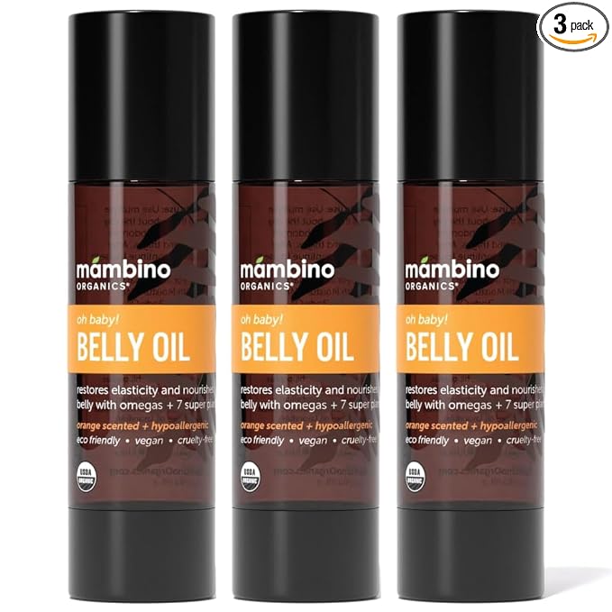 Mambino Organics Oh Baby! Belly Oil for Pregnant Women, Organic Stretch Mark Oil for Pregnancy, Postpartum Skin Elasticity, Hydration, Tamanu, Shea Butter, Calendula, Vegan, Non-GMO, 2 fl oz, 3-Pack