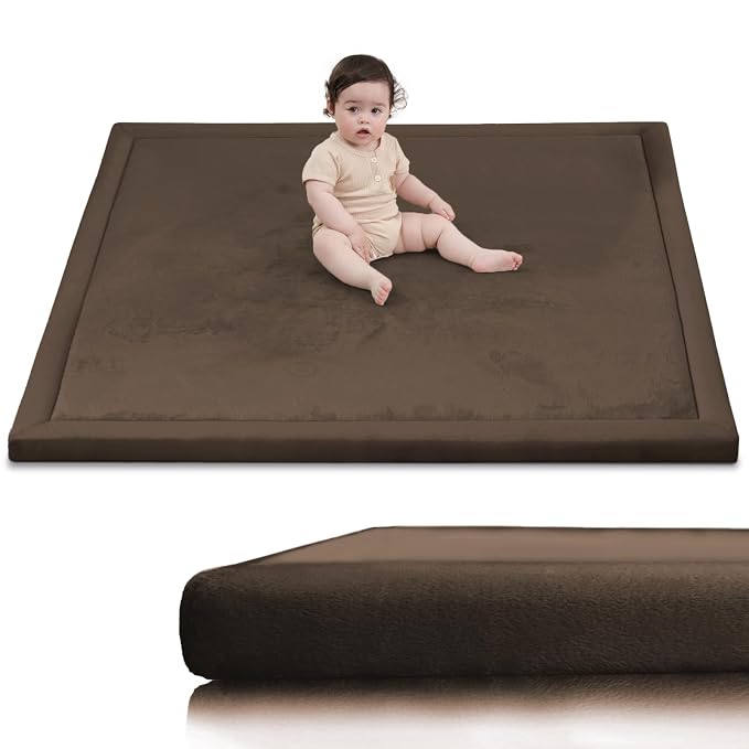 Baby Play Mat for Floor,1.3" Thick Memory Foam Tummy Time Mat,Soft Coral Velvet Nursery Rug,Extra Large Non Slip Crawling Mats for Living Room（Dark Brown)