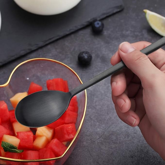 IQCWOOD Korean Soup Spoon Stainless Steel, 8.5 Inch 8-Piece Black | Long Handle Korean Dinner Tablespoon for Eating Asian Metal Home Kitchen or Restaurant