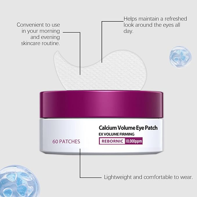 Calcium Volume Eye Patch with Rebornic 10,000ppm & Hydrolyzed Elastin – 60 Patches for Puffiness Relief, Fine Lines, Firming & Lifting, Hydrating Eye Patches for Face and Neck Care