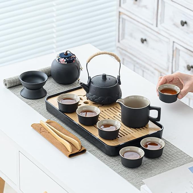 LURRIER Gongfu tea sets, Portable Ceramic TeaSet, Asian Tea sets for adult, Tea Gift sets, Grey leather case, Portable Travel Bag,Home,Gifting,Outdoor and Office(Black)