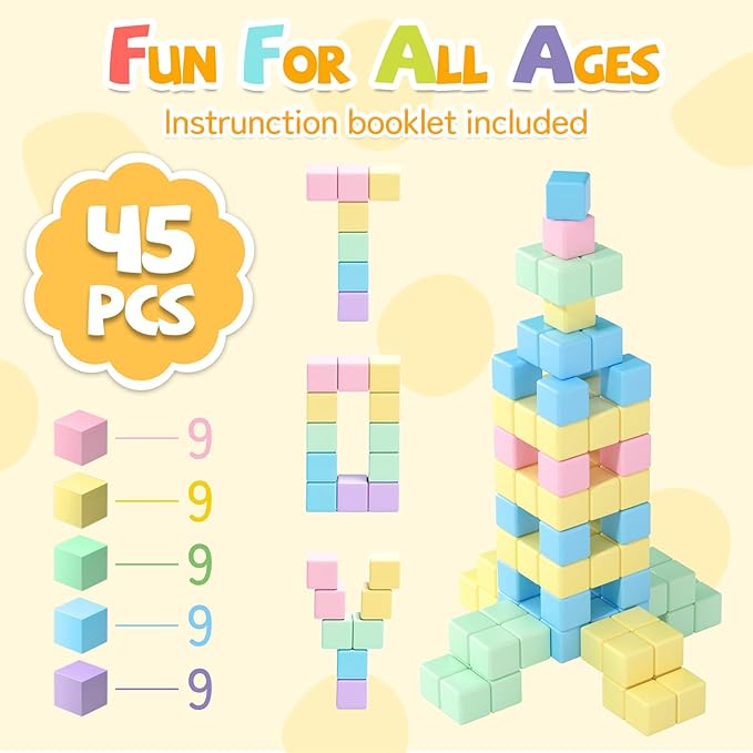 45PCS Magnetic Blocks Toddler Toys, Magnetic Building Blocks Magnet Toys for Kids Ages 1-3 3-5 4-8, Sensory Montessori Magnet Cubes Classroom Must Haves for Boys Girls Age 2-4