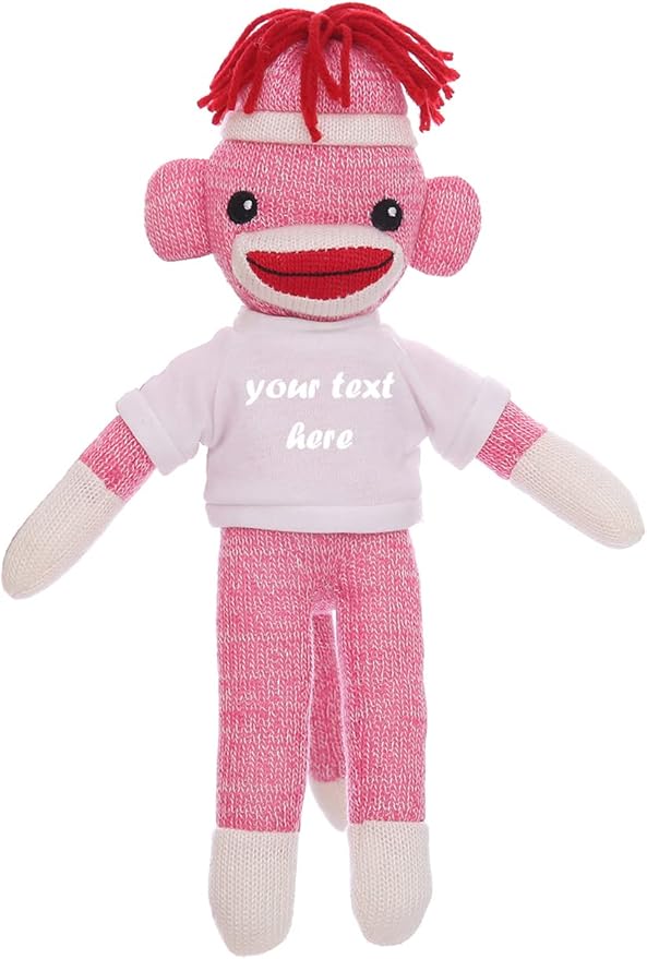 Huggable Personalized Pink Sock Monkey 8 Inch - Plush Stuffed Animal Gift - Custom Text on Shirt Perfect for Valentine's Day, Halloween, Graduation Day, Birthday Present