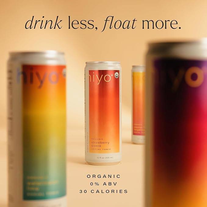 Hiyo Organic Social Tonic N.A. Functional Seltzer Water 4 Pack - Strawberry Guava Flavored Sparkling Water Crafted with Organic Adaptogens, Nootropics & Botanicals
