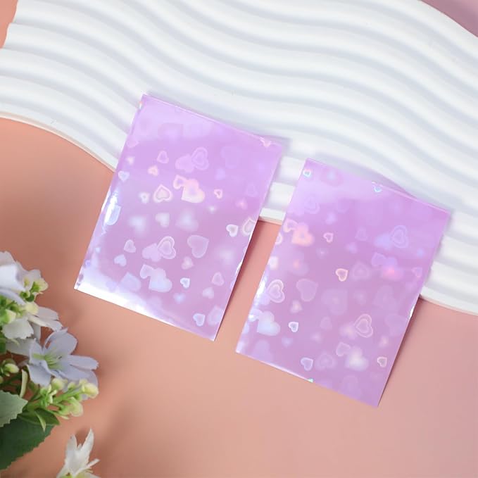 100pcs Holographic Colors Card Sleeves, 3.58x2.6in/91x66mm Colored Heart-Shaped Flashing Card Sleeves for Mini Polaroid Photocard Collectible Protection(Purple)