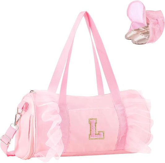 Personalized Initial Dance Bag for Girls 4-6, Small Lace Gym Sport Yoga Cheer Dance Bags Gift for Teen Girls, Cute Letter Kids Ballet Bag Toddler Travel Duffel Tote with Adjustable Straps(Pink-L)