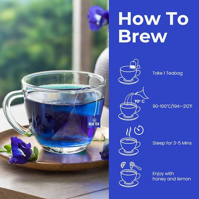 BLUE TEA - Butterfly Pea Flower Tea - 15 Count - Pyramid Plant Based Tea Bag | ANTIOXIDANT RICH | Herbal Tea - Caffeine Free - Detox Tea - Flower Based - Non Bitter | Reusable Tin Pack