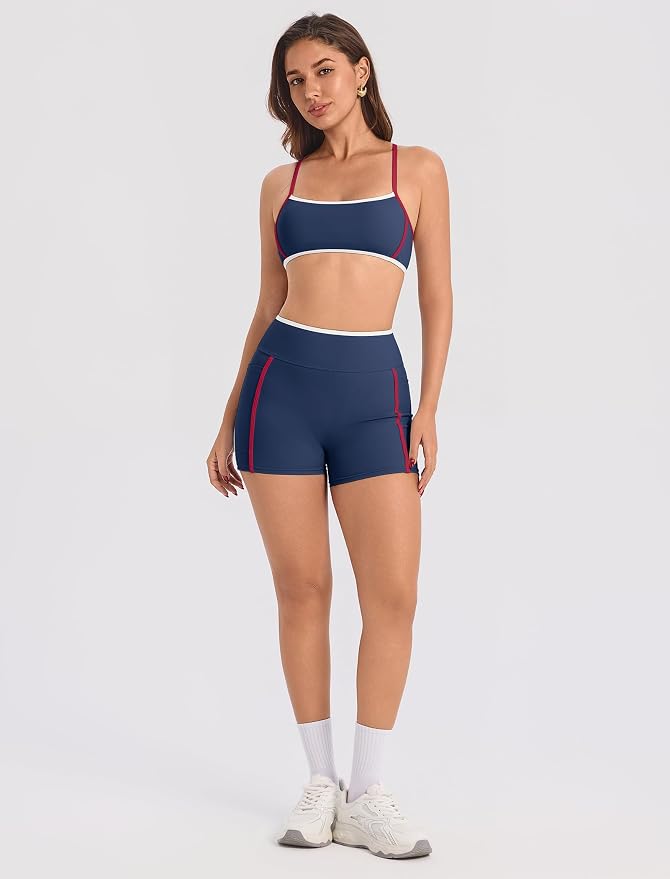 ABOCIW Workout Sets for Women 2 Piece Color Block Strappy Sports Bra High Waist Shorts Gym Yoga Pilates Outfits