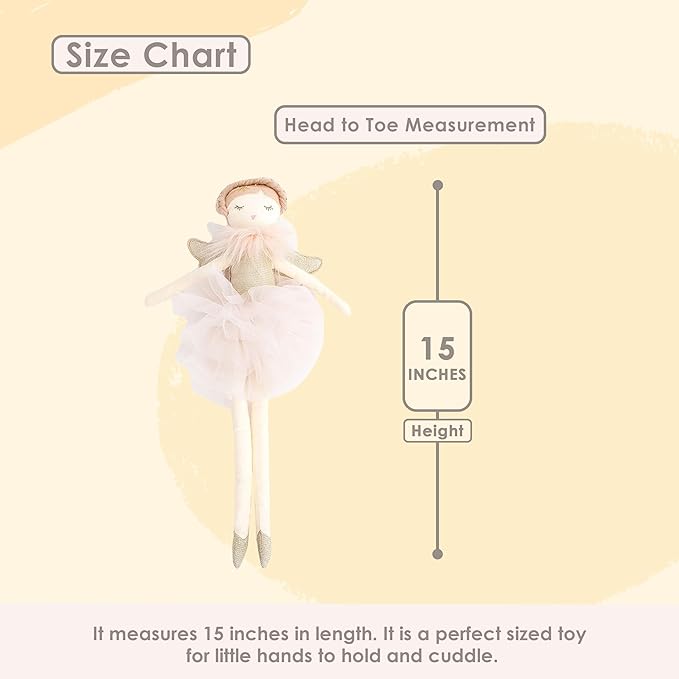 MON AMI Angel Stuffed Doll - 15", Soft Elegant Plush Doll for Little Girls, Use as Toy or Room Decor