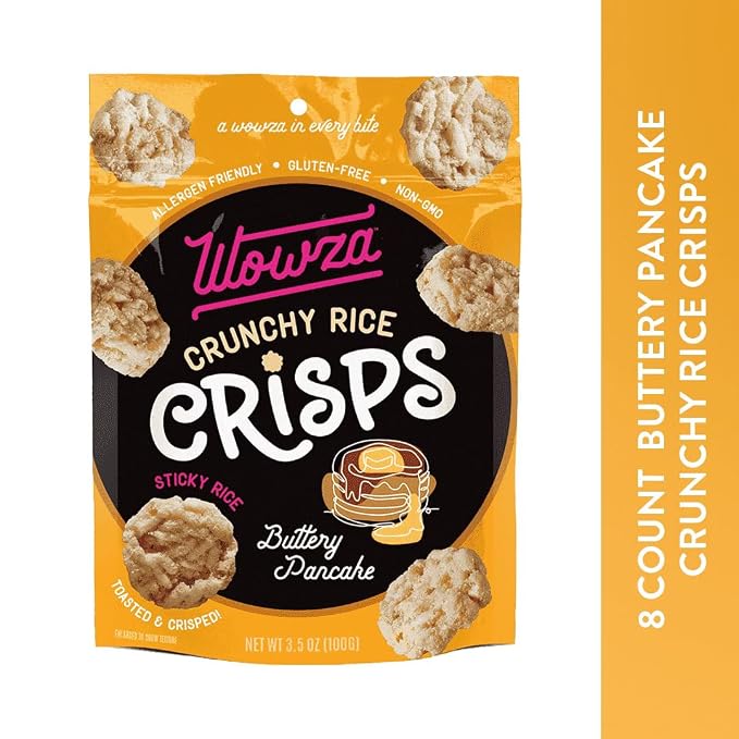 Wowza Buttery Pancake Crunchy Rice Crisps | Gluten Free, Non-GMO, 8 Pack | Sweet dessert flavor, Healthy chip alternative, Kid-friendly, 3.5 oz bags, No artificial flavors Satisfying
