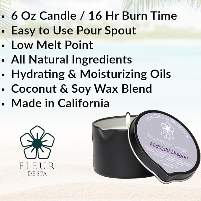 FLEUR DE SPA Massage Oil Candle – 6oz with Pour Spout – Made in USA – All Natural Coconut & Soy Blend – Melts to Warm, Alluring & Hydrating Body Oil – Perfect Spa & Gift Candle (Leather)