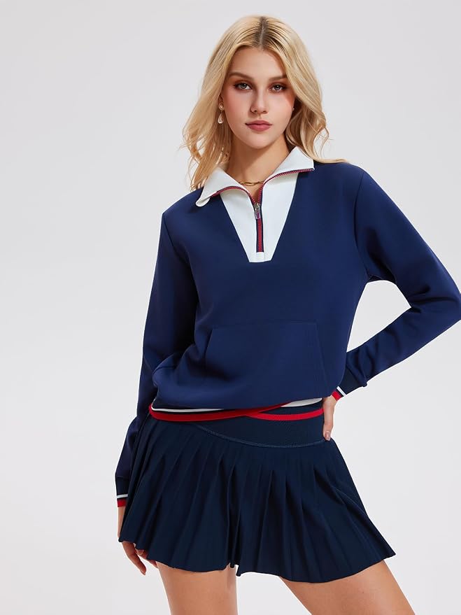 Airfree Women Two Piece Tennis Skirt Set Golf Outfits Half Zip Oversize Pullover Sweatshirt 2 Piece Skirt Sets with Pockets