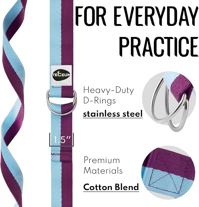 TECEUM Yoga Strap & Mat Strap – 2 IN 1 – Cotton – 6 ft 8 ft 10 ft (30+ colors) – Adjustable Non-Slip Belt for Yoga, Pilates, Stretching, Physical Therapy, Fitness & Home Workout – For Carrying Mats