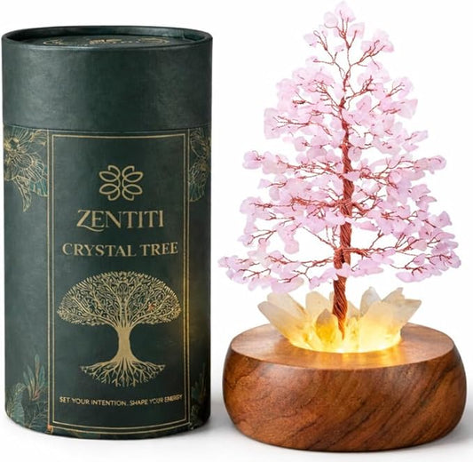 Rose Crystal Tree of Life with LED Light – Handcrafted Gemstone Bonsai on Quartz Base & Acacia Wood Stand – Spiritual Home & Office Décor, Feng Shui, Thoughtful Gift for Women
