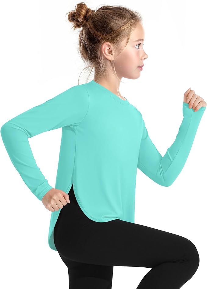 JOCMIC Girls Long Sleeve Shirts Kids Athletic Quick Dry UPF 50+ Sun Shirt Basic Tees for Gym Yoga Tops