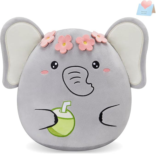 Athionsu 12-Inch Adorable Elephant Plush Toy Flower Crown with Coconut Detail for Toddler Kids and Boys, Great for Bedroom Decor and Cuddling