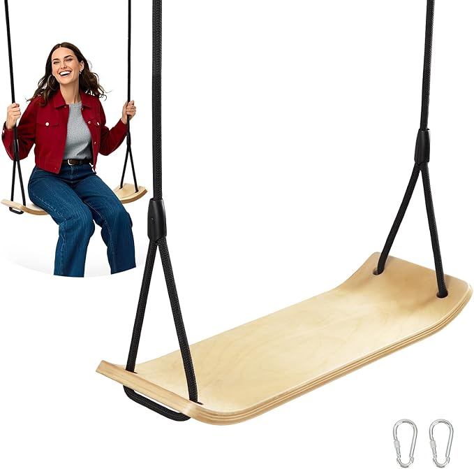 PELLOR Birch Wood Tree Swing - 330lbs Load, 20.8"x7.8" Swing Seat for Adults&Kids, 59-86" Adjustable Nylon Rope, Indoor/Balcony Outdoor Swing for Parent-Child Interaction