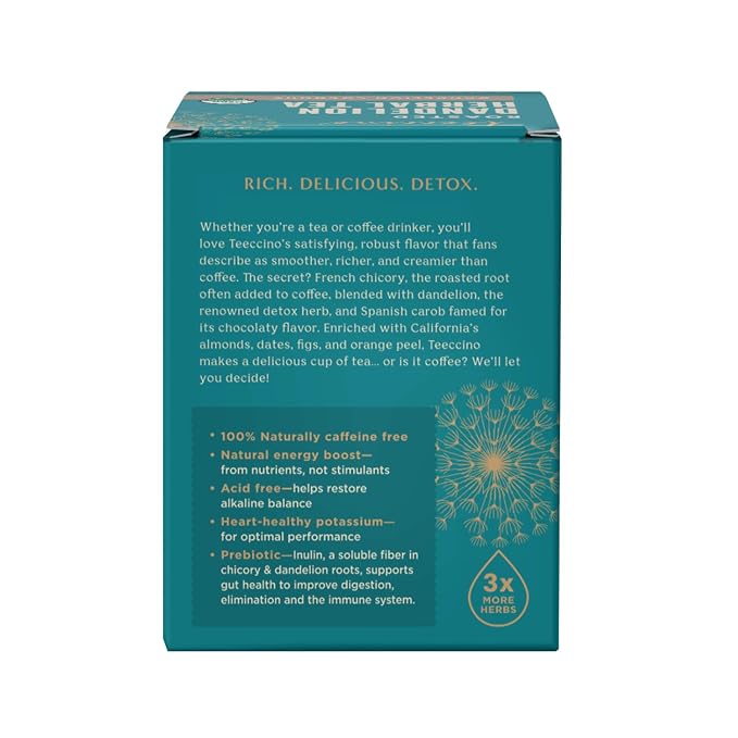 Teeccino Dandelion Coconut Tea - 10 Tea Bags - Caffeine Free, Roasted Herbal Tea with Prebiotics, 3x More Herbs than Regular Tea Bags, Gluten Free