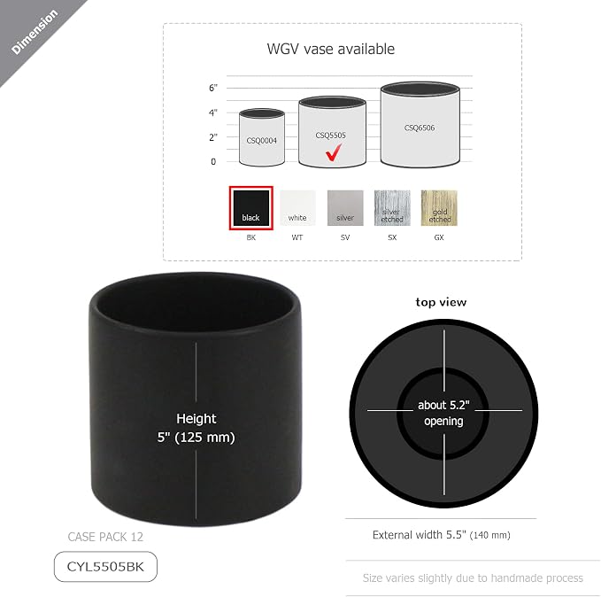WGVI Matte Black Ceramic Cylinder Vase Width 5.5" Height 5", Flower Arrangements, Candle Holder, Terrarium Planter Pot, Storage Container Organizer, Pen Brush Holder, Home Tabletop Decor, 1 Piece