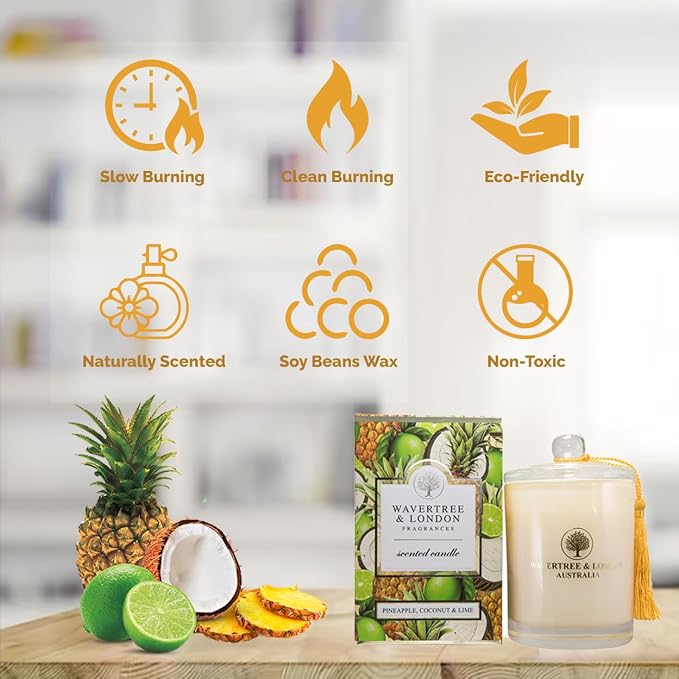 Wavertree & London Organic Pineapple Coconut Lime Scent Soy Wax Candle | Non Toxic 100% Cotton Wick Triple Scented Pure Natural Soy Wax Candles, Hand Poured in Australia | 60 Hours Burning, 11.66 Oz