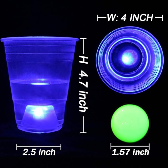 Ahuimeius The Dark Beer Pong Set, LED Beer Pong Cups with Glow-in-the-Dark Balls, 22 Cups, 22 LED Lights (11 Red, 11 Blue), 6 Balls, Glow Party Game Set