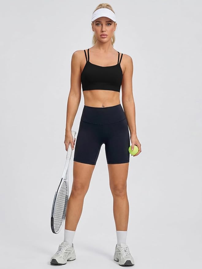 Aoysky Sports Bras for Women Buttery Soft Strappy Padded Sports Bra Double Spaghetti Straps Wireless Yoga Workout Crop Tops