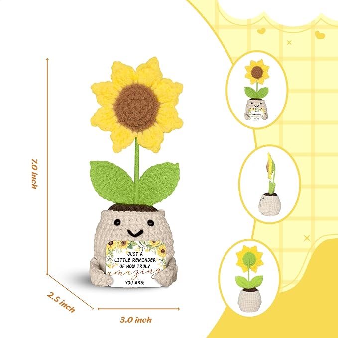 Sunflower Encouragement Gift – Handmade Crochet Plush with Positive Message - Crochet Sunflower Plush – You are Amazing Encouragement Gift