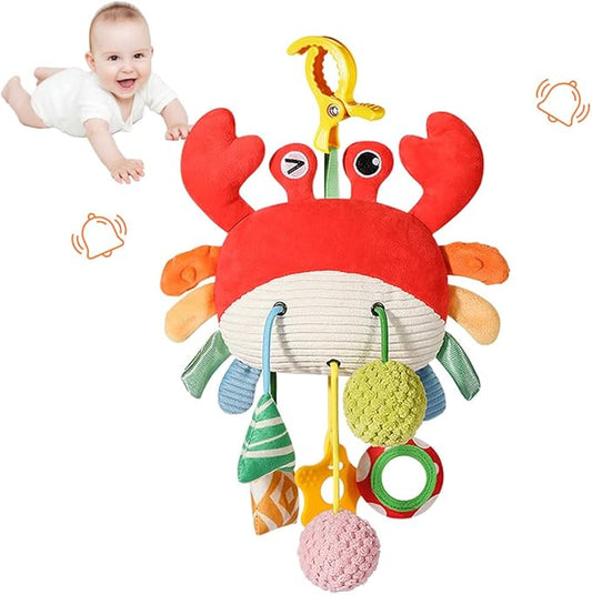 Baby Activity Hanging Toy, Soft Plush Crab Sensory Toys with Rattle ＆ Textures, Baby Stroller Toy, Toy for Car Seat and Crib, Early Educational Toys for Infant Boys and Girls