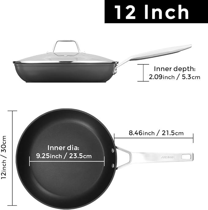 MsMk 12 Inch Nonstick Frying pan with Lid, Grey Large Cooking Pan Skillet | Non Toxic, Even Heating, Easy Clean, Dishwasher & Oven Safe, suitable for gas & electric & induction stoves, PFOA & PFAS Free
