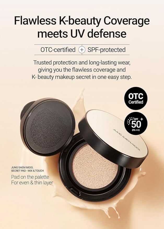 JUNG SAEM MOOL Essential Skin Nuder Cushion | Natural Finish, Buildable Coverage Cushion Foundation by Korean Makeup Artist (Refill Included, SPF 50 | Gift Set with Mool Cream & Puff), 19 Light