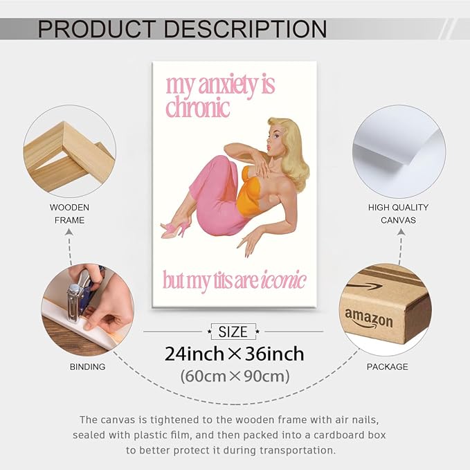 Funky Sexy Women Wall Art Funny Quote Social Anxiety Poster 60s 70s Vintage Housewife Canvas Prints 24X36 inch Framed for Apartment Wall Decor