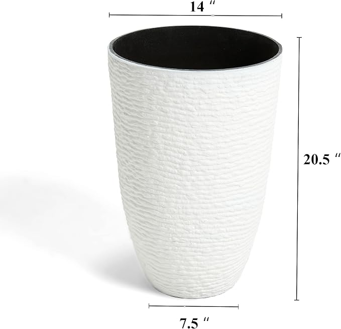 Worth Garden 2-Pack 21" H. White Tall Planters - 14'' Dia Resin Large Round Flower Pots for Outdoor Plants Trees - Imitation Stone Finish Plastic Indoor Front Porch 9 Gallon Decorative Container Patio