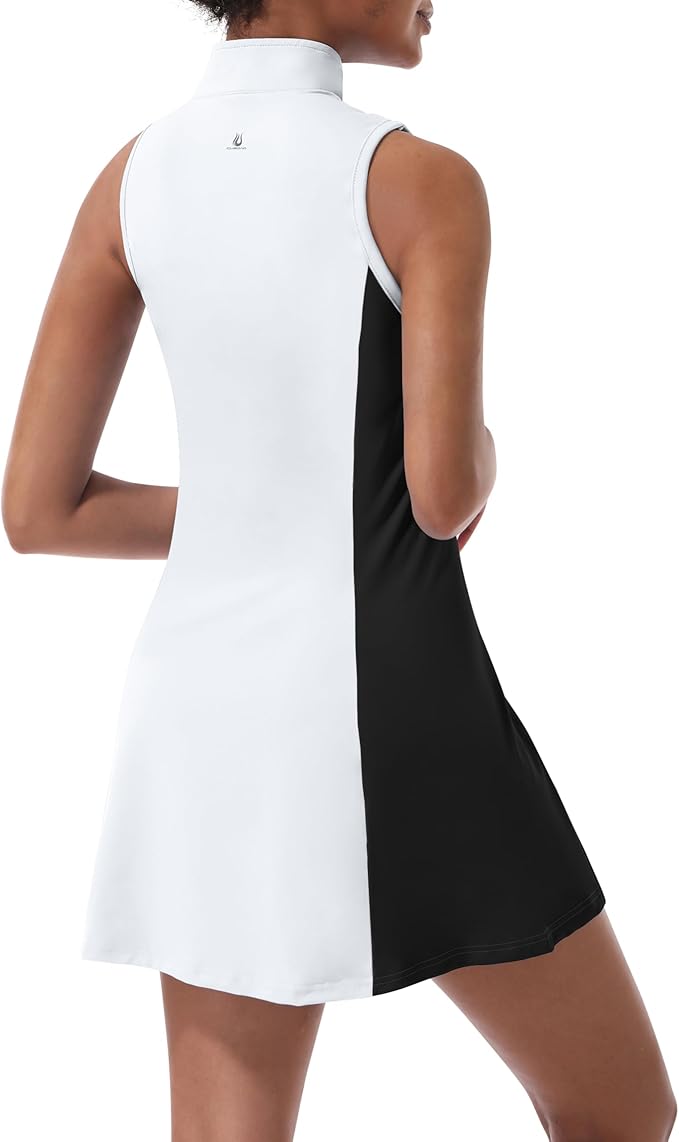 Tennis Dress for Women, Golf Dress with Shorts and Pockets Athletic Dress | Sleeveless Collared Half-Zipper Workout Sport Dress, Stretch Moisture Wicking Fabric, Tennis Golf Outfits