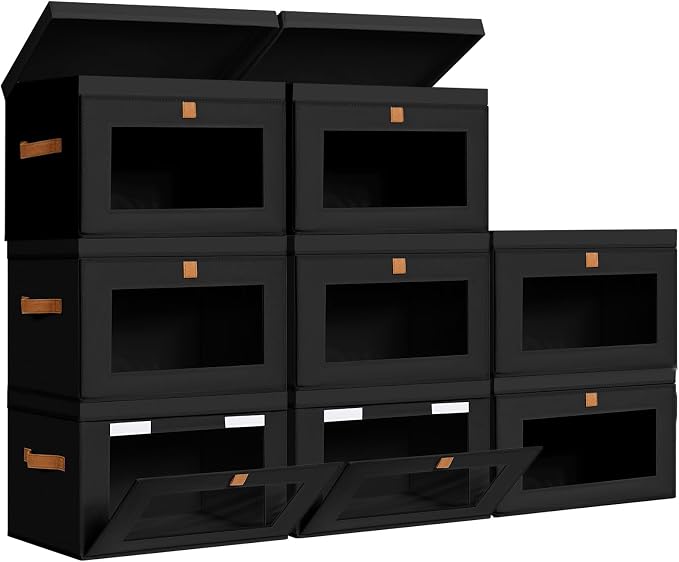 DIMJ Storage Bins with Lids - 8 Pack Large Fabric Closet Organizer with Window & Handles, Collapsible Decorative Storage Boxes for Shelves Under Bed, Books Clothes Blankets Sweaters Organization