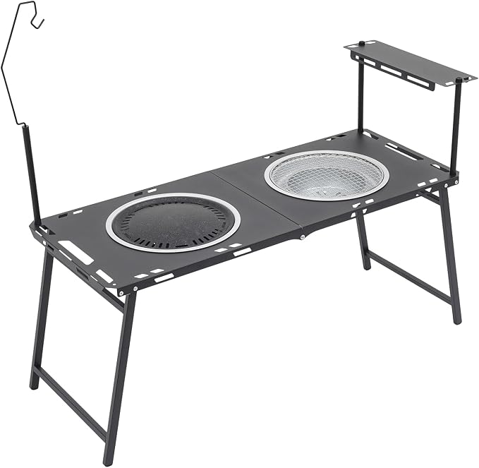 Portable Charcoal Grill Table, Folding Korean BBQ Camping Station with Dual Grill Racks, Frying Pan, Side Shelf & Lantern Stand, High-Carbon Steel for Outdoor Picnic, Barbecue & Travel